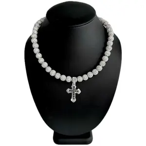 Iced Disco Ball Crystal Bead Baseball Drip Necklace w/ Iced Onyx Bling Cross Pendant