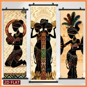 3-Piece Set Of African Ethnic Totem Theme Plastic Scroll Hanging Paintings Modern Creative Art Wall Decoration Paintings Odorless And Fade-Resistant Suitable For Study Bedroom Children'S Room Living Room Wall Decoration