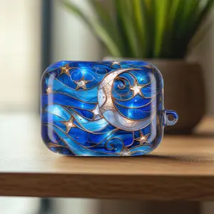 Dreamy Stained Glass Crescent Moon Case for AirPods,AirPods Pro - Starry Night Celestial Blue Swirl Protective Cover - Aesthetic Magical Vibe