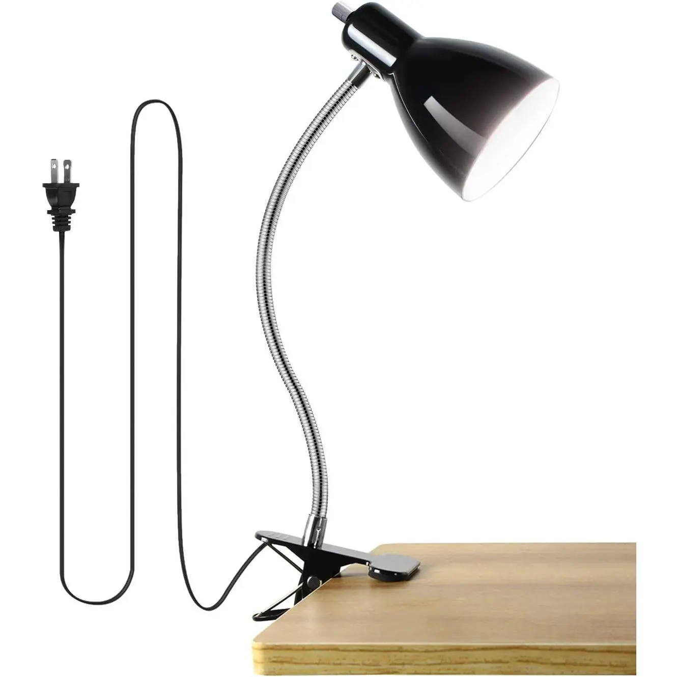 Eye-Friendly 360° Rotating Goose Neck Clip-On Desk Lamp, Portable Reading Light for Bedroom, Office, Home Study — Black