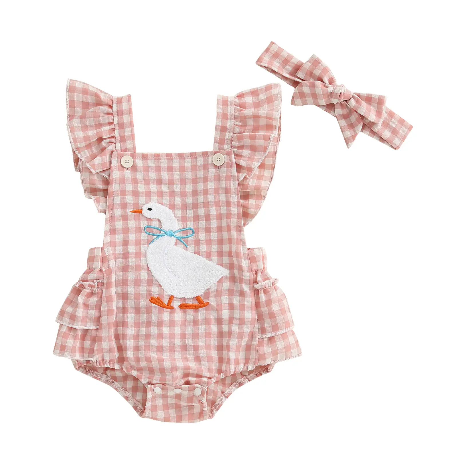 Infant Baby Girl Polyester Bubble Romper Onesie - Gingham, Duck Embroidery, Ruffle Sleeveless, Newborn Outfits, Infant Jumpsuit, Country Farm Summer Headband Set Bodysuit, Plaid Pattern