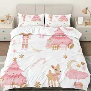 3PCS Duvet Cover Set, 1 Duvet+2 Pillowcases(Without filler), Pink Christmas Reindeer Nutcracker Tree Gift theme, Christmas bedding set, Soft Cozy Decorative Suitable for decoration Bedroom Guestroom Dorm Apartment.