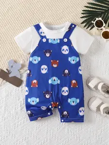Baby Boy Two-Piece Set Round Neck Backless Cartoon Print Blue Animal Head Spring Summer Newborn Short Sleeve Romper Baby Clothing