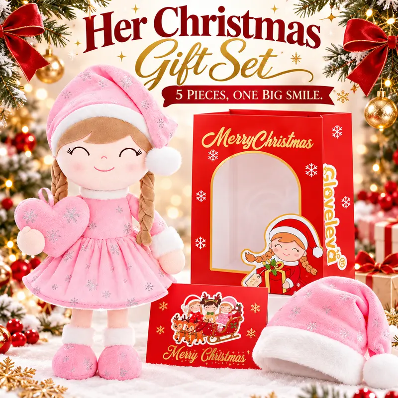 Gloveleya Pink Christmas Plush Doll Gift Box Set: Gloveleya Soft Rag Doll with Santa Hat & Greeting Card for Toddler Girls 0-6 Years, Perfect Christmas Holiday Present, Stocking Stuffer, 1st Birthday Keepsake & Cozy Bedroom Decor