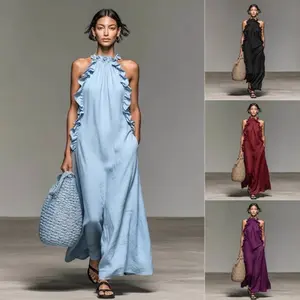 Women's Resort-Styled Halter Neck Sleeveless Maxi Dress, Womenswear Tops