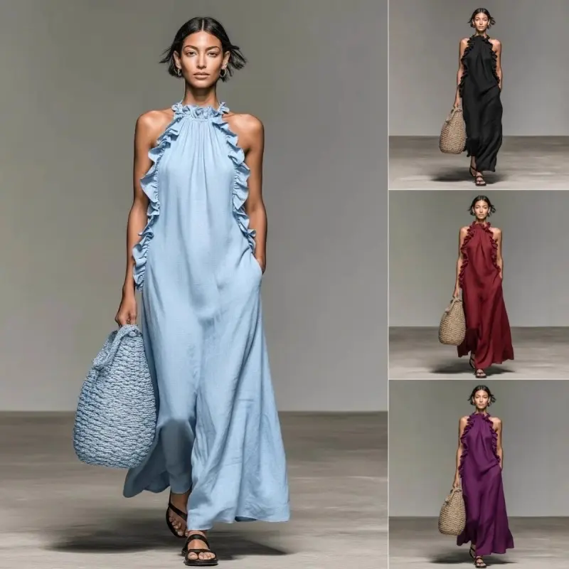 Women's Resort-Styled Halter Neck Sleeveless Maxi Dress, Womenswear Tops