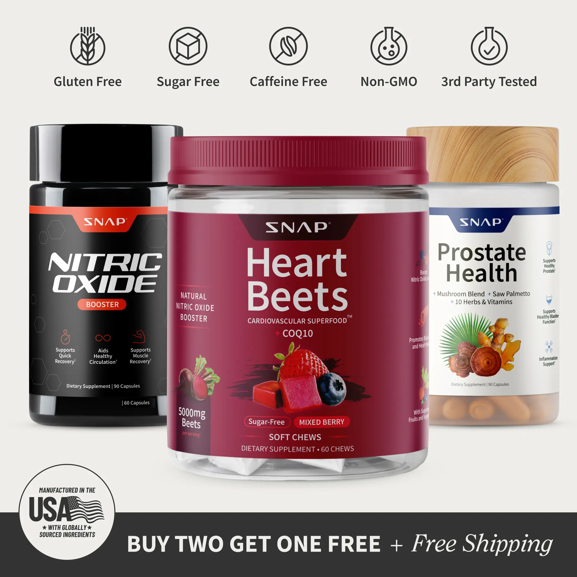 Snap Supplements – Prostate Health + Nitric Oxide Booster 60ct + Heart Beet Soft Chews Bundle – Natural Supplement Capsules & Chews – Support Circulation, Prostate Health & Heart Function†