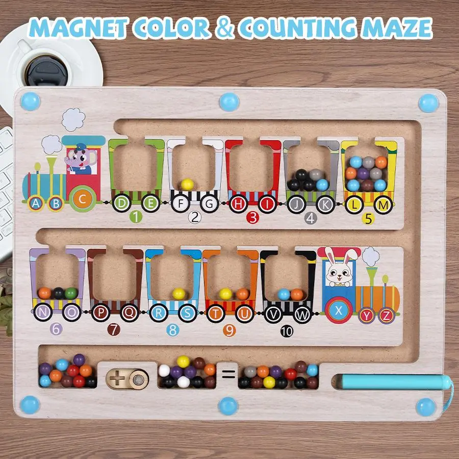 Wooden Magnetic Color and Number Ball Maze Puzzle Toy - Magnetic Ball Guide, Preschool Kids Learning Materials, Train-Themed Christmas/Birthday Gift, Toddler Summervibes Toy, Ball Maze Puzzles