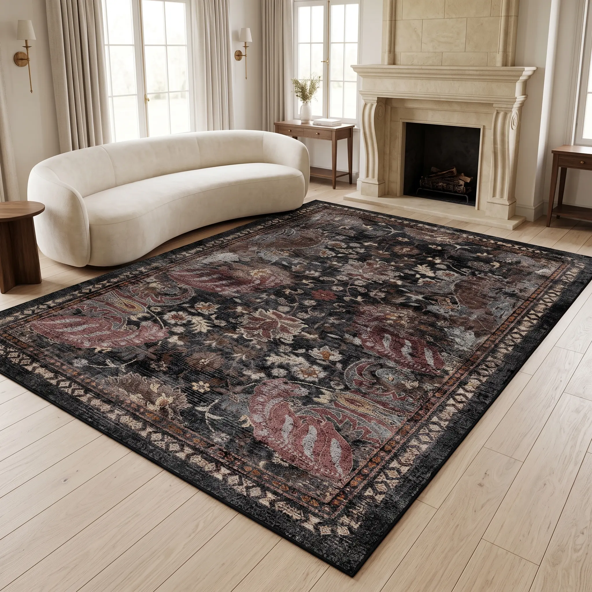 RUGIXE Faux Cashmere Washable Black Persian Area Rug 5x7 8x10, Heavyweight Soft Low Pile TPR Non Slip Rug, Foldable Durable Vintage Medallion Carpet for Living Room Bedroom Entryway