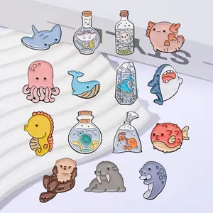 2026 Spring New Arrival Brooch, Set of 15, Cute Anime-Style Sea Creatures Series Badge Pins, Cute Anime-Style Brooches, Delicate Accessories, Suitable for Backpacks and Clothing Decoration, Elegant Gift, Perfect for Giving summervibes