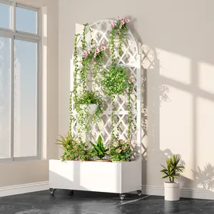 Metal Planter Box with Trellis, Raised Garden Bed with Drainage Hole, Planter Box with Wheels, Privacy Screen, Trellis Planter for Climbing Plants Vegetable Vines