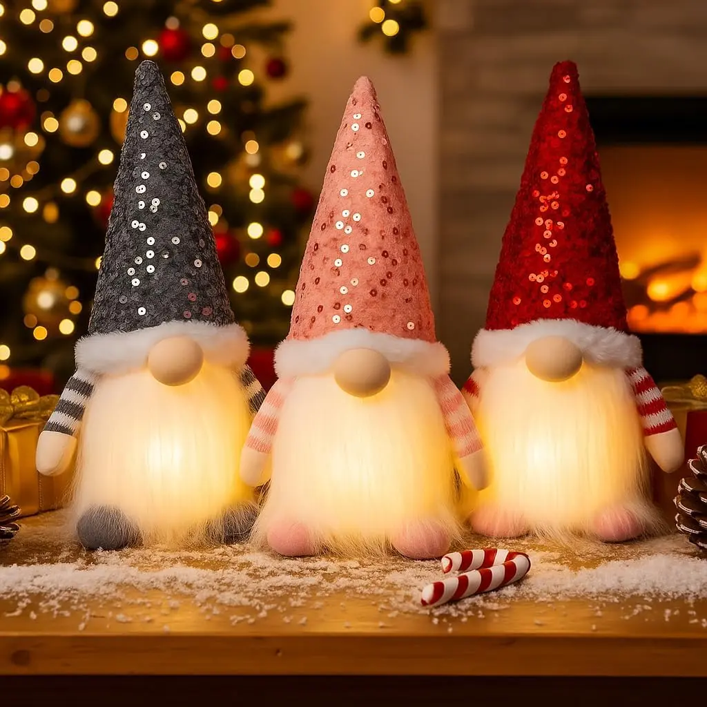 3PCS 12in Lighted Indoor Christmas Gnome Ornaments - Handmade Swedish Santa Gnomes Plush Decor, Cute Elf Gift for Xmas Table, 12 Inches, Indoors