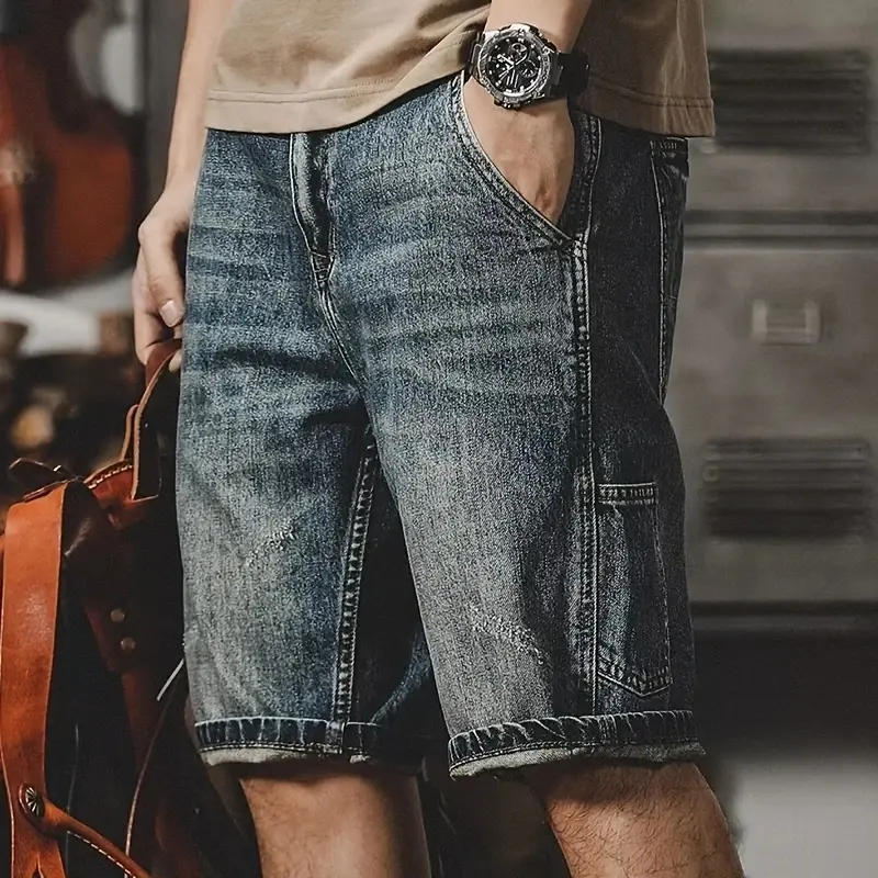 Men's Retro Distressed Denim Shorts, Loose Baggy Fit Workwear Jorts with Multiple Pockets and Button Closure, Preppy Streetwear for Summer & Easter, Simple, Plain, Menswear, Casual