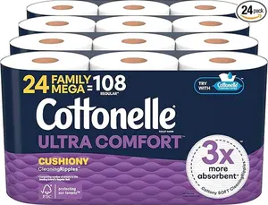 Cottonelle Ultra Comfort Toilet Paper with Cushiony CleaningRipples Texture, Strong Bath Tissue, 24 Family Mega Rolls = 108 Regular Rolls (4 Packs of 6)