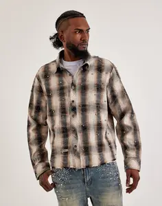 Mens Preme Studded Plaid Woven Shirt