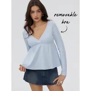 Cider Cotton-blend V-neck Babydoll Lace Trim Peplum Long Sleeve Top