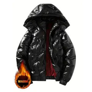 Street Style Hooded Puffer Jacket for Men - Polyester Shiny Windproof Winter Coat with Removable Hood, Zip Pockets, Casual Long Sleeve Regular Fit Thermal Outerwear - For Men - Suitable for Winter - Gift for Outdoor Enthusiasts