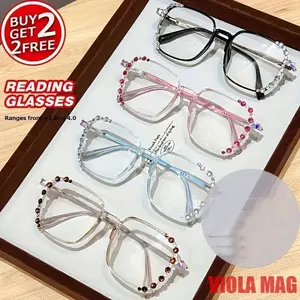 4PCS New Women's Fashion Retro Square Diamond Inlaid HD Reading Eyeglasses Presbyopia Glasses, High quality eyewear, PC Material,+1.0 to+4.0 Degrees, Lightweight and Durable, Suitable for Daily Computer, Office and Book Reading Use
