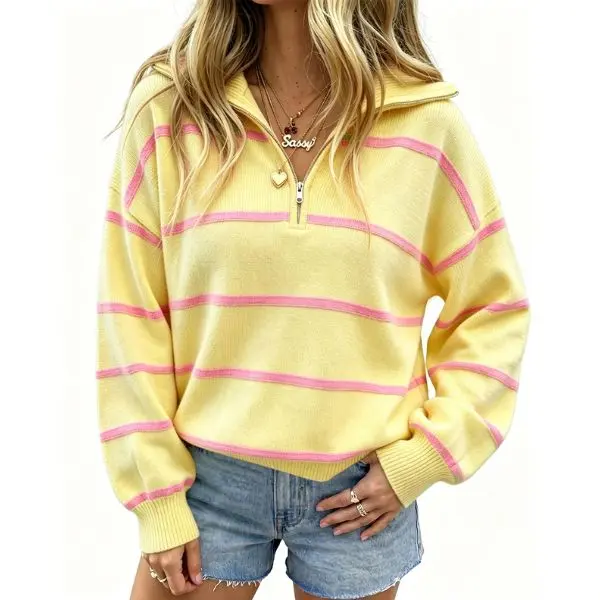 Fisoew Women's Color Block Striped Quarter Zip Sweater, Lapel Collar Drop Shoulder Long Sleeve Oversized Pullover Knit Top,back to school,back to school shopping