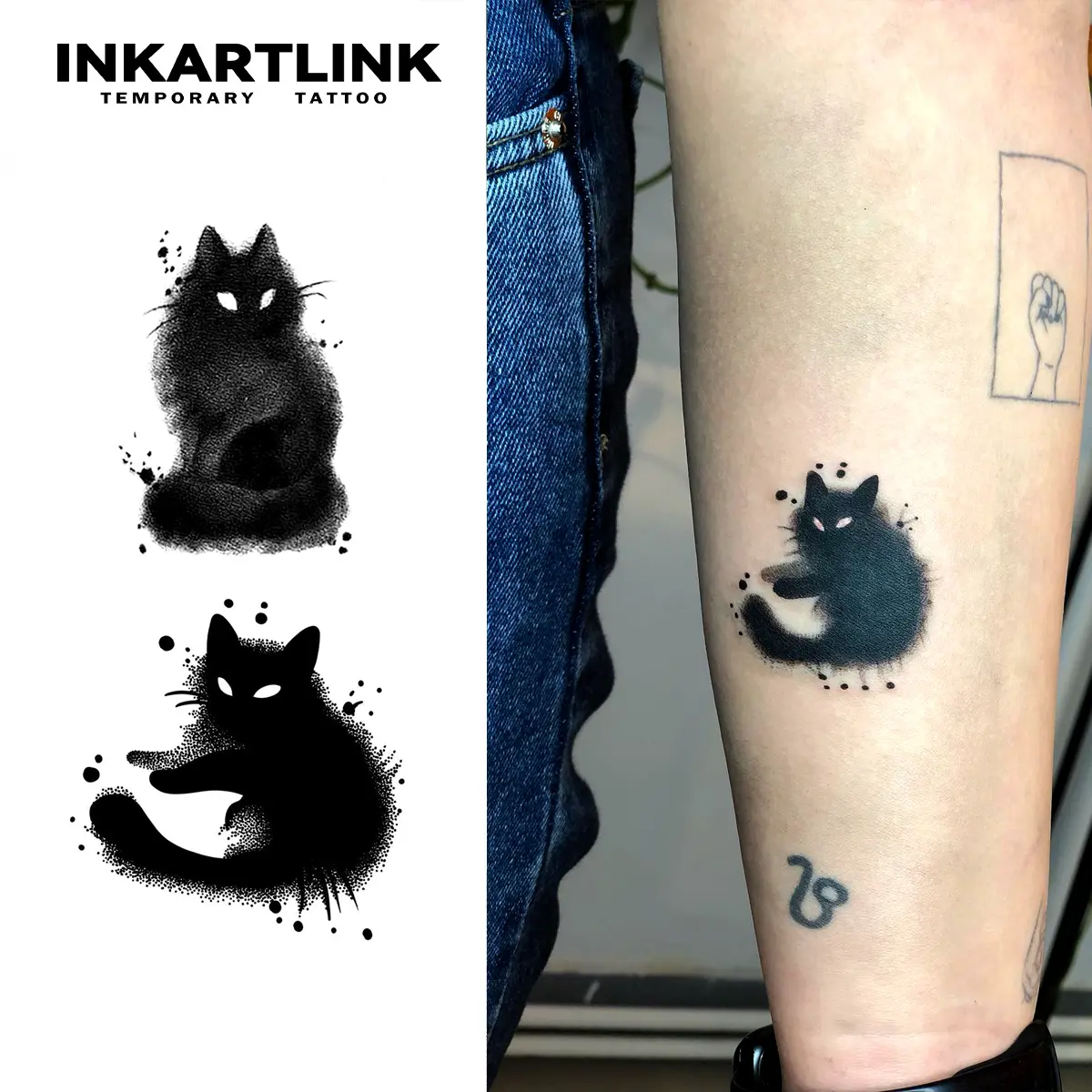 INKARTLINK Tattoo Tech Black Cat Temporary Fake Tattoos - 2 Sheets Semi-Permanent, Adult Art Design, Waterproof, No Adhesive, No Reflection, Lasts 1-2 Weeks, Ideal for Swimming, Party, For Men & Women, Temporary Fake Tattoo, Realistic Temporary Tattoos