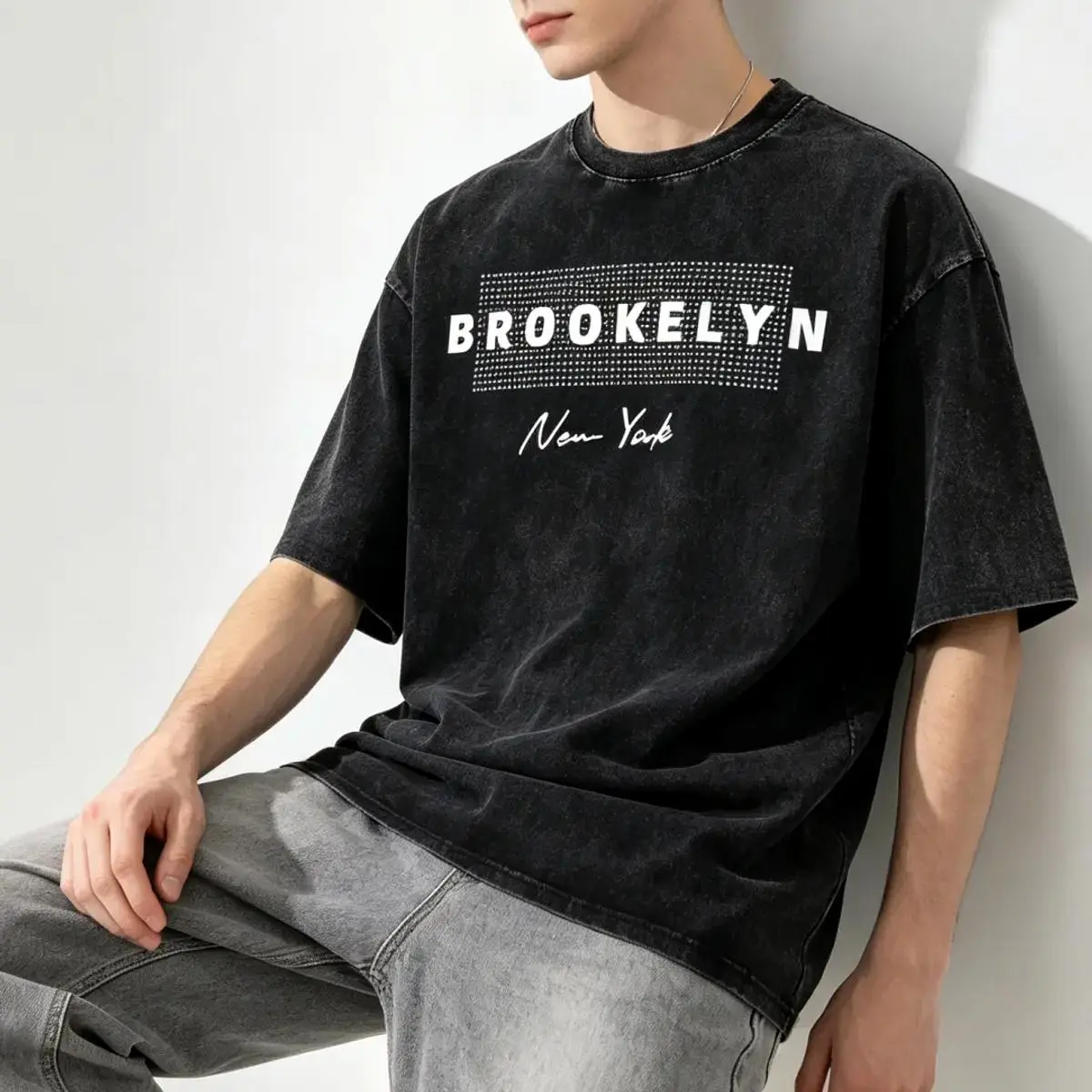 Men's Vintage Streetwear Thick Heavyweight Cotton T-Shirt - Baggy Loose d Drop-Shoulder Acid- ed Brooklyn N Relaxed Fit Tee for Men & Women