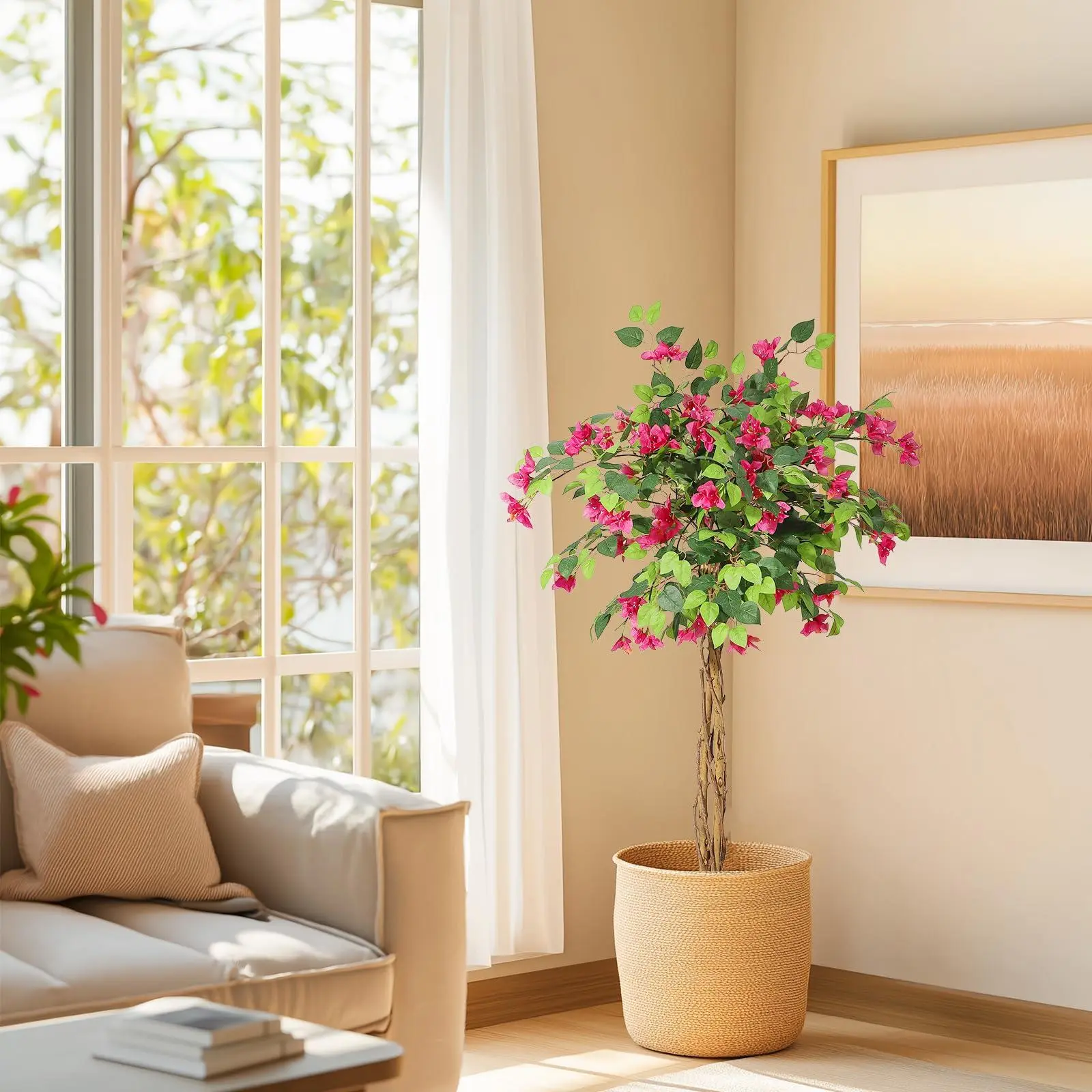 4 ft Artificial Bougainvillea Tree, Tall Potted Fake Bougainvillea Trees, Faux Tree with Wood Trunk and Pink Flowers for Outdoor Indoor