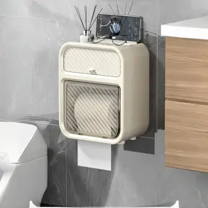 Bathroom Shelf with Drawers, Toilet Tissue Box — Suitable for Both Roll Paper and Facial Tissue. Punch-free Wall-mounted Roll & Facial Tissue Holder, Can Hold Mobile Phones, with Lid, Also for Sanitary Napkin Storage.
