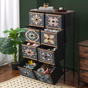 Fabric Dresser for Bedroom with 8 Drawers, Cute Narrow Dressers, Tall Dressers for Bedroom, Boho Dressers & Chests of Drawers for Closet, Living Room, Wood Top, Metal Frame, Colorful