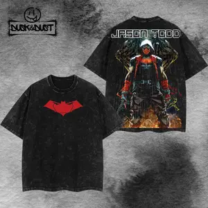 Retro Under the Hood - Jason Todd Red Hood (Robin #2) Hero Verse Comic Edition Graphic Tee Washed – Double Sided Print Oversized Acid-Washed Heavyweight Cotton T-Shirt – Unisex Comic Tee, Perfect Gift for Movie Series Fans and Lovers Menswear Tops