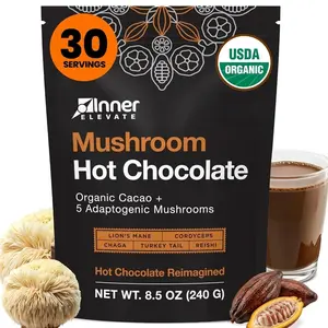 Inner Elevate Mushroom Hot Chocolate Superfood - Ceremonial Cacao with 5 Mushrooms (Lion's Mane, Cordyceps, Chaga, Reishi, Turkey Tail) - Great as a Coffee Alternative, Hot Chocolate, or Smoothie (30 Servings)