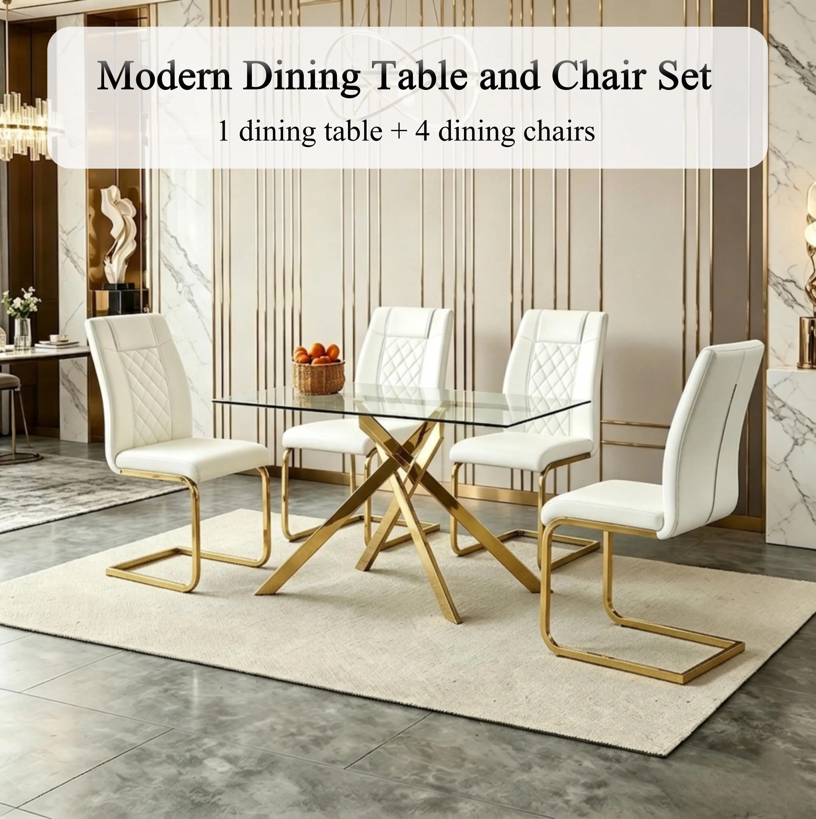 5PC Modern Gold Dining Set: Tempered Glass Table + 4 PU Leather High-Back Chairs, Space-Saving Combo for Kitchen & Dining Room, White & Gold