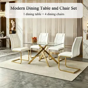 5PC Modern Gold Dining Set: Tempered Glass Table + 4 PU Leather High-Back Chairs, Space-Saving Combo for Kitchen & Dining Room, White & Gold