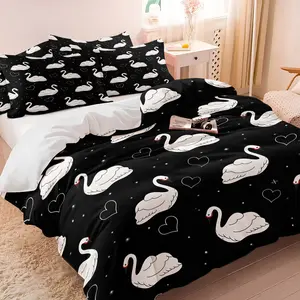 Elegant Black Swan Duvet Cover Set, Soft Breathable Swan Heart Print Bedding, Microfiber Quilt Cover with Pillowcases, for Girls Women Bedroom Dorm Room Decor, All Season Twin Full Queen King Sizes