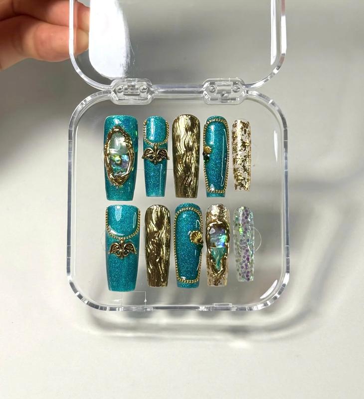 Nailchemy - Mermaid Press On Nails, Long Coffin Shape, 3D Shell & Wave Design, Teal Base With Gold Glitter, Magical Ocean Inspired Style