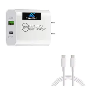PeakEon 20W Dual Fast Charger Adapter  with 6ft Fast Charging Type C to Type-C Cable|Dual Port (20W PD Type C + QC 3.0 USB A) with 6A upto 66W and 480 Mbps Data Sync Cable