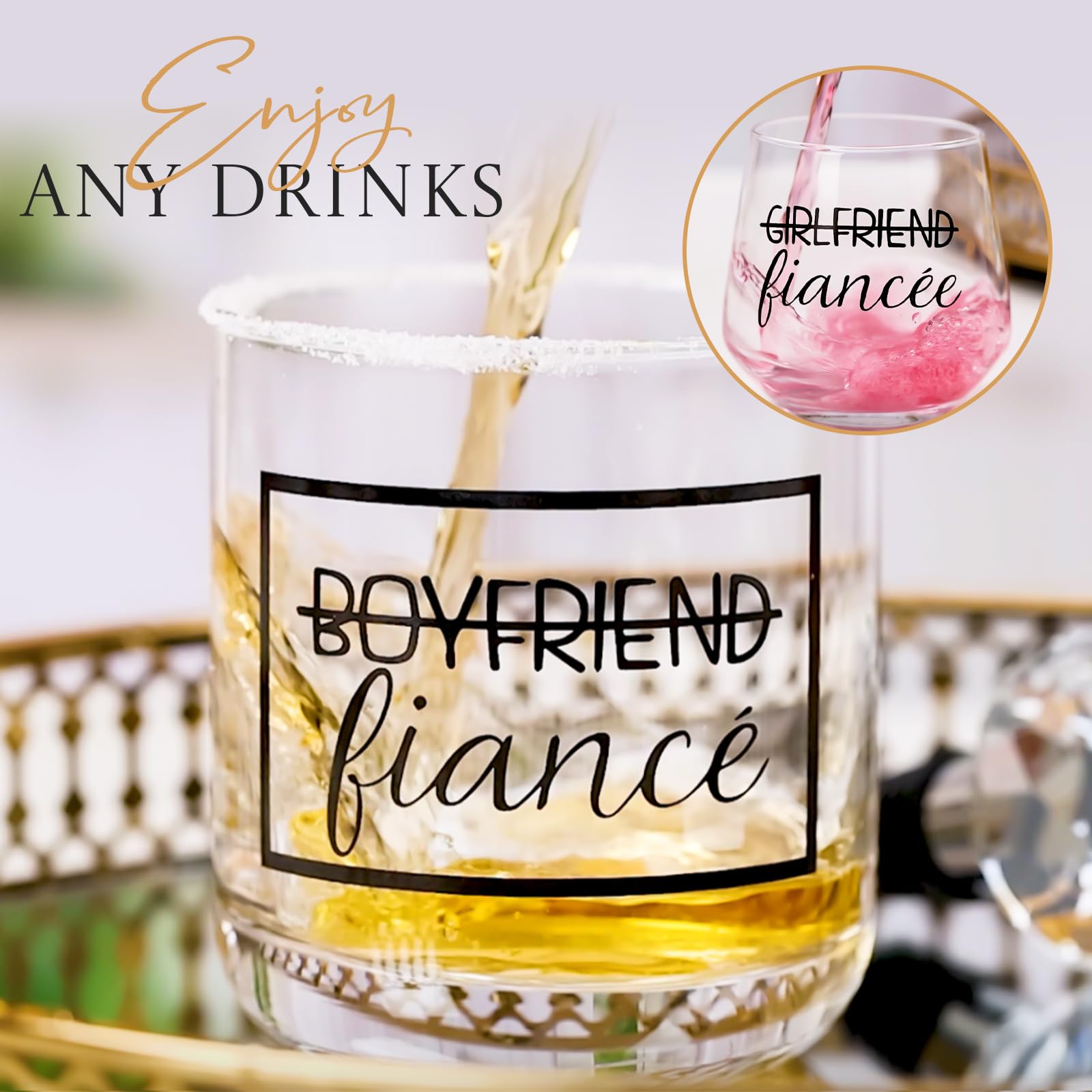 Wine Glasses for Couples - Engagements Gifts for Her Fiance Fiancee - Perfect Christmas Gift for Newly Engaged Bridal Party - Drinkware glass can