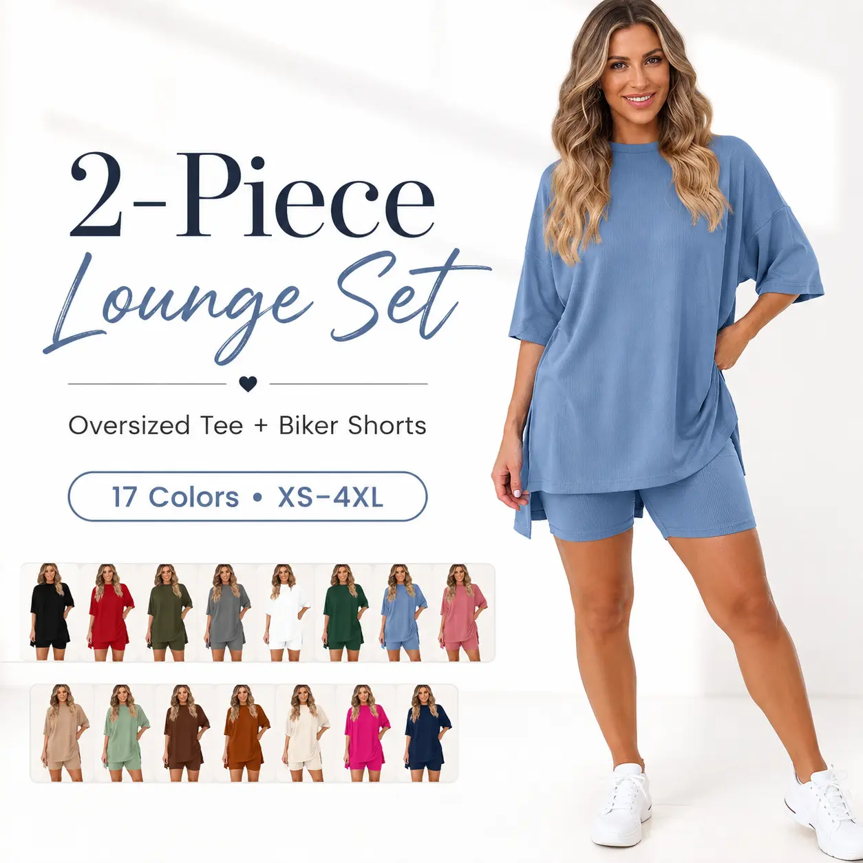 Women's 2-Piece Basic Lounge Set - Soft Ribbed Fabric Matching Top & Bottom, Oversized Short-Sleeve T-Shirt with Side Slits, High-Waist Biker Shorts, Casual Sports Clothing Tracksuit, Sizes XS-4XL, 17 Colors, Women's 2 Piece Sets, Bike Shorts