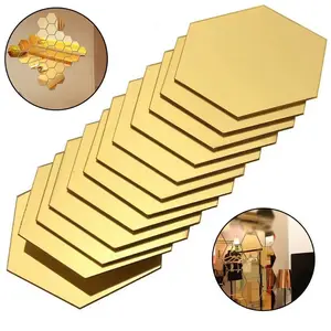 12/24/36pc， Golden hexagonal acrylic mirror wall sticker, DIY Stickers, self-adhesive removable acrylic decorative background wall, suitable for living room, bedroom, sofa wall, home decoration