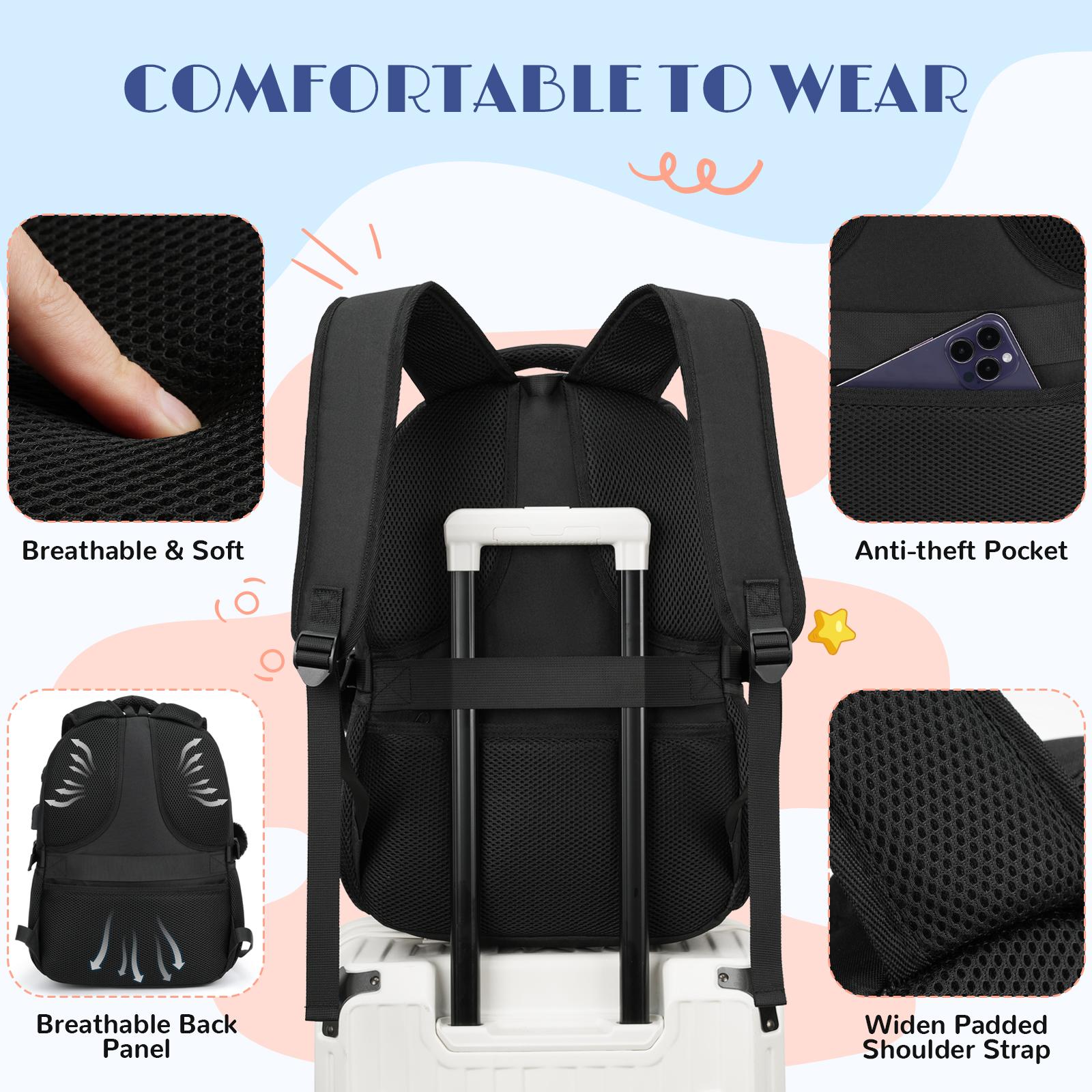 kadilong 15.6 Inch Cute Laptop Backpack for Girls & Teens, Large Capacity School Backpack with USB Charging Port, DIY Badges & Pom Pom Keychain, Water Resistant Bookbag for Middle/High School, College Students, Daily Use, Travel & Commute