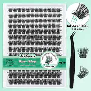Lashsun Self Adhesive Eyelashes, 156 Pcs D Curl Self Adhesive Eyelash Clusters, No Glue Needed, Invisible 2-Strip Tape - Longer Lasting, No Sticky Residue Pre Glued Eyelashes