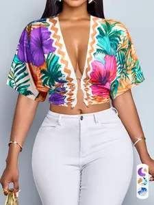 Summer Casual Sexy Women's Tropical Plant Print Top, Deep V Neck Decorative Button, High Waist Short T-Shirt, Fashion Summer Vacation Dress