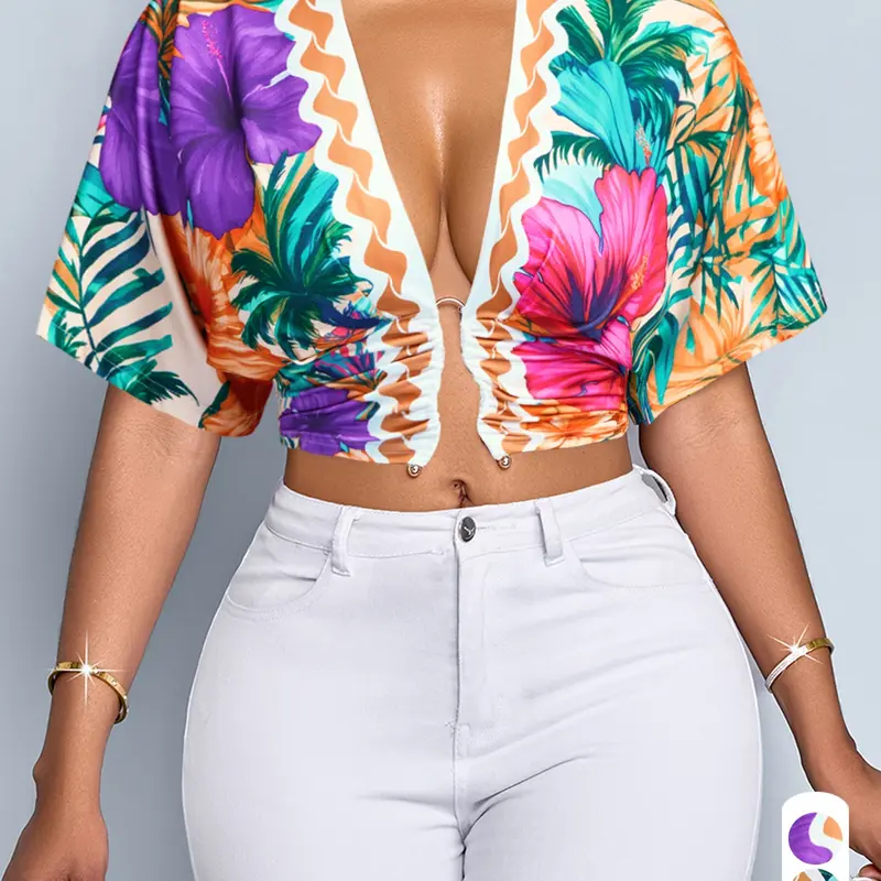 【Black Friday】Women's Tropical Floral Print Deep V-Neck Crop Top with Decorative Accent, Short-Sleeve Vacation Blouse
