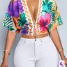 【Black Friday】Women's Tropical Floral Print Deep V-Neck Crop Top with Decorative Accent, Short-Sleeve Vacation Blouse