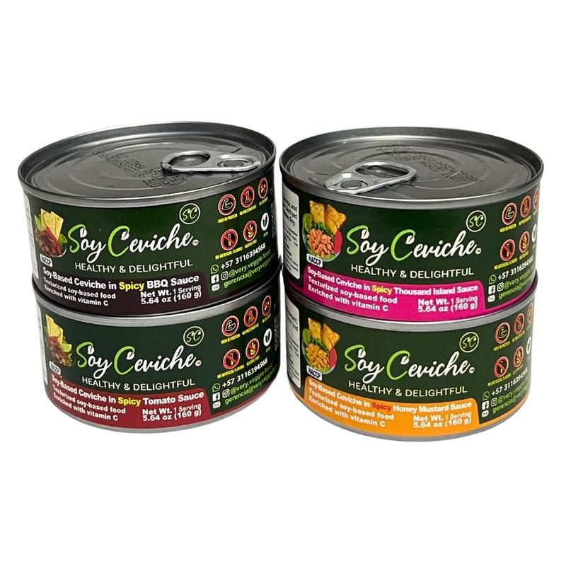 (4 Pack) Soy Ceviche –All Spicy: Tomato, Thousand Island, BBQ, Honey Mustard-5.64oz-Protein-Gluten free