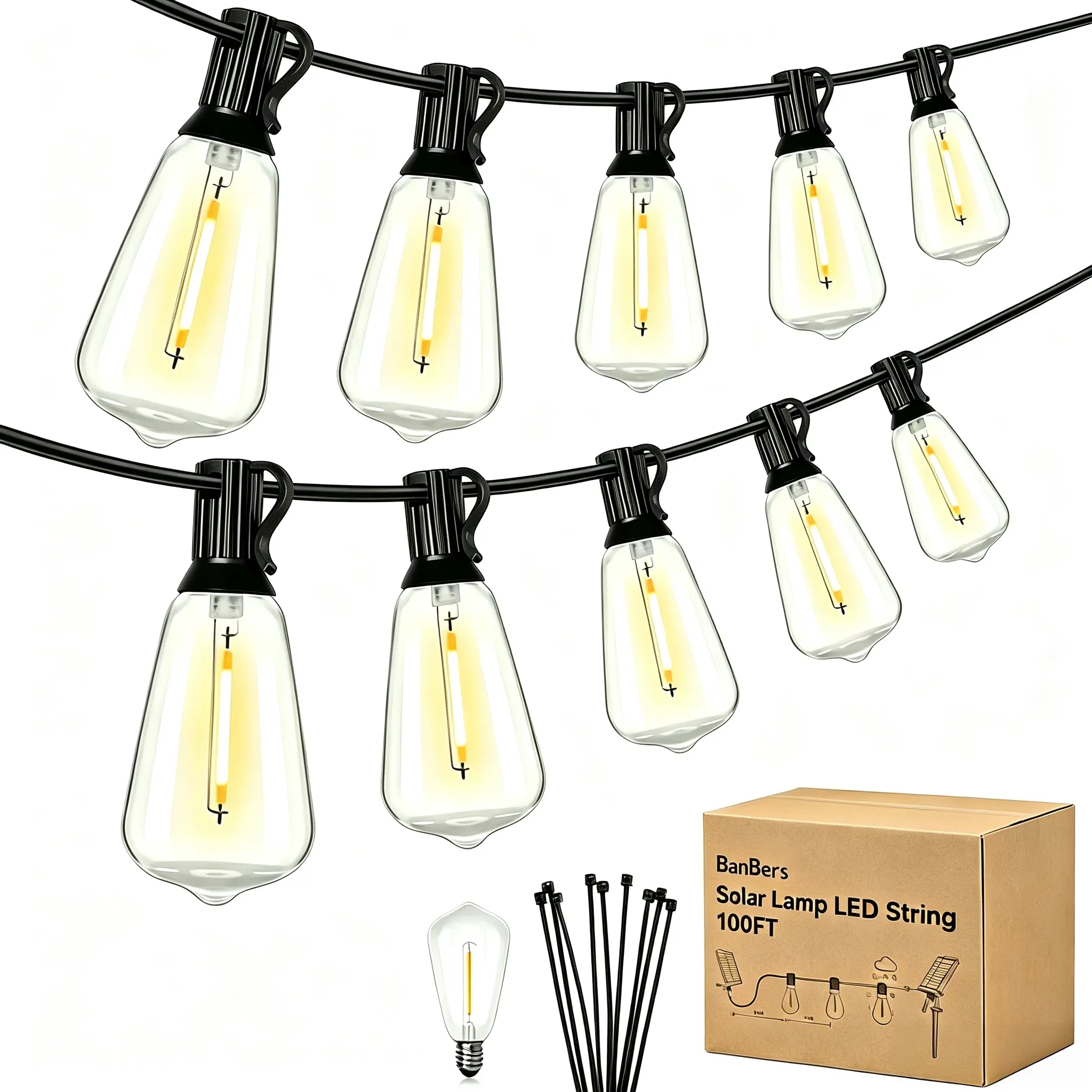 50/100FT Solar String Lights Outdoor Waterproof with Remote, 36+2 Shatterproof ST38 LED Bulbs, Dimmable Patio Lights Solar Powered, 3 Lighting Modes Solar Lights for Backyard, Garden, Deck