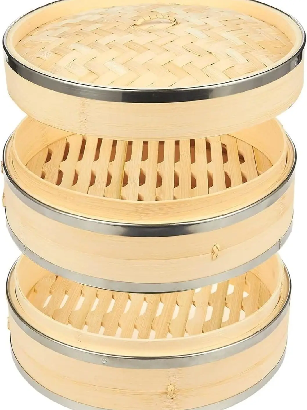 2-Tier 10 Inch Bamboo Steamer Basket with Steel Rings - Large Capacity Dumpling, Vegetable Steamer Basket