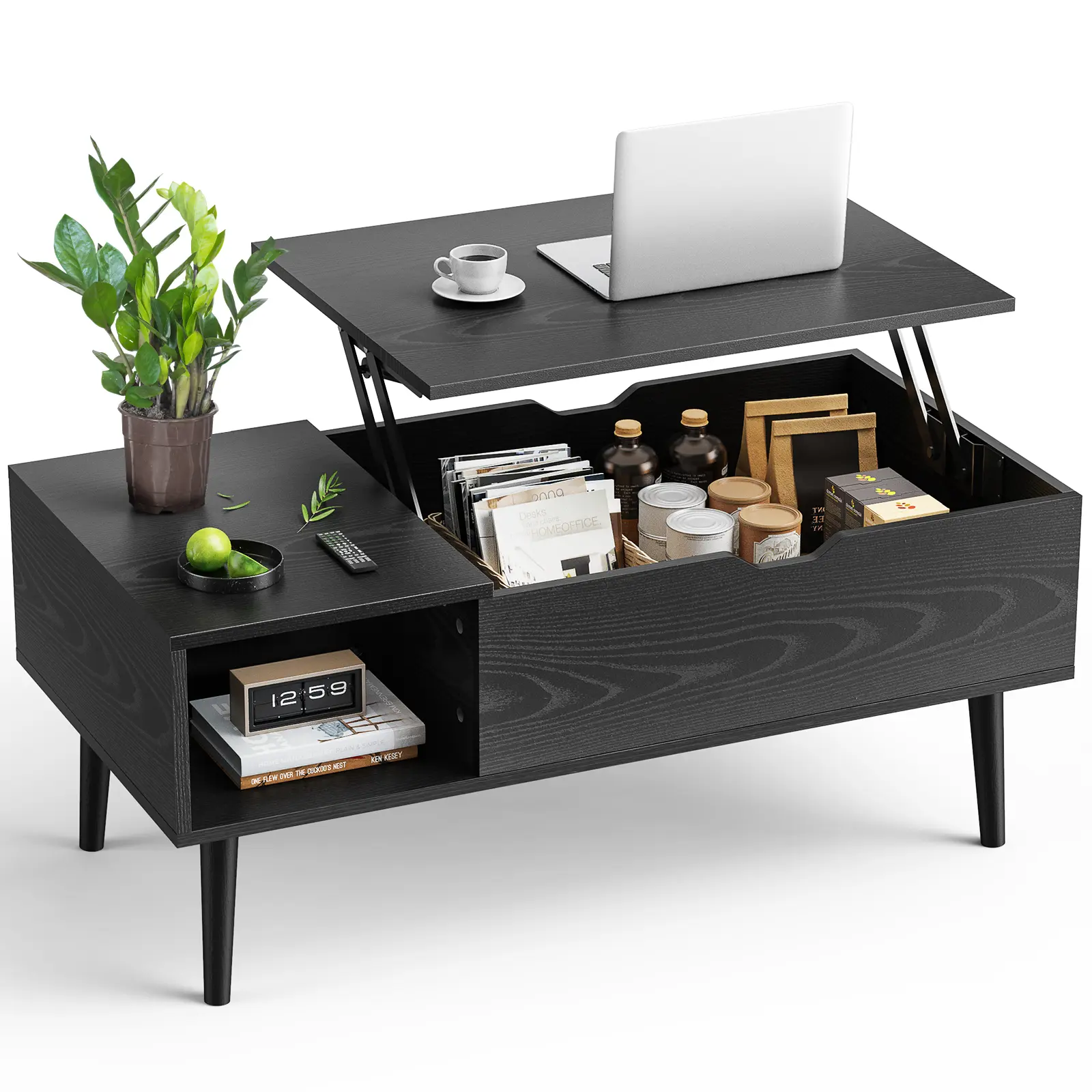 Sweetcrispy Solid Wood Lift Top Coffee Table - Adjustable Height Indoor Furniture, Angled Legs, Subtle Texture Adds Tactile Warmth, 2 Side Shelves, Hidden Storage, Simple Style Coffee Table Living Room Centerpiece for Dining Use