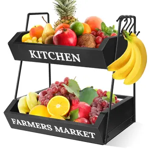 Fruit Basket for Kitchen Countertop, 2 Tier Fruit Bowl with 3 Banana Hangers, Large Capacity Fruit Stand Storage Holder, Wooden Basket for Fruit Vegetables Snack, Kitchen Organizer Decor