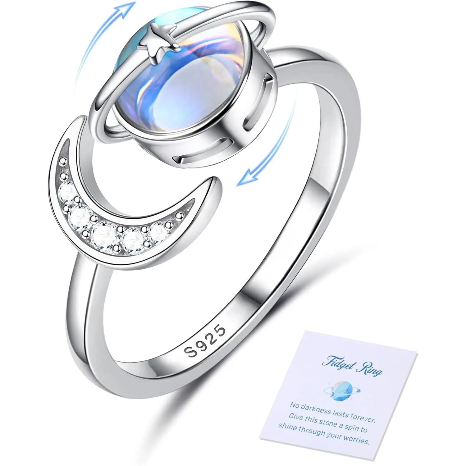 CASSIECA Anxiety Ring for Women 925 Sterling Silver 18K White Plated Open Moonstone Adjustable Fidget Ring for Anti-Stress Star Moon Finger Spinner for Anxiety Moissanite Ring, Adjustable Ring SummerVibes