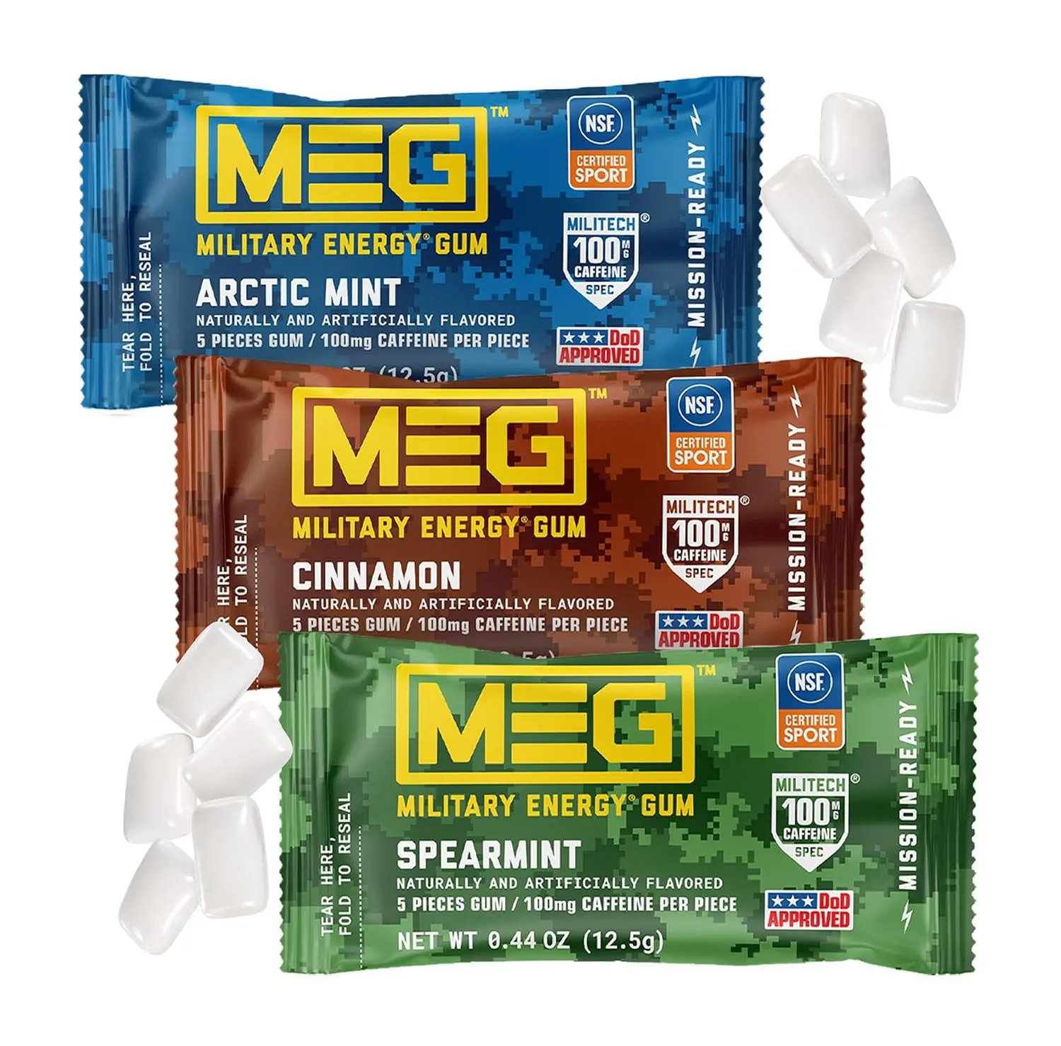 MEG - Military Energy Gum | 100mg of Caffeine Per Piece + Increase Energy + Boost Physical Performance + Multi Flavors of Arctic Mint, Spearmint, & Cinnamon + 3 Packs (15 Count)
